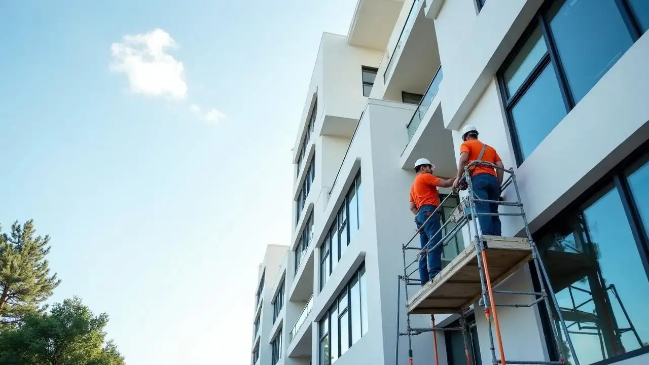 Professional painters on scaffolding painting a modern commercial building exterior in Seattle