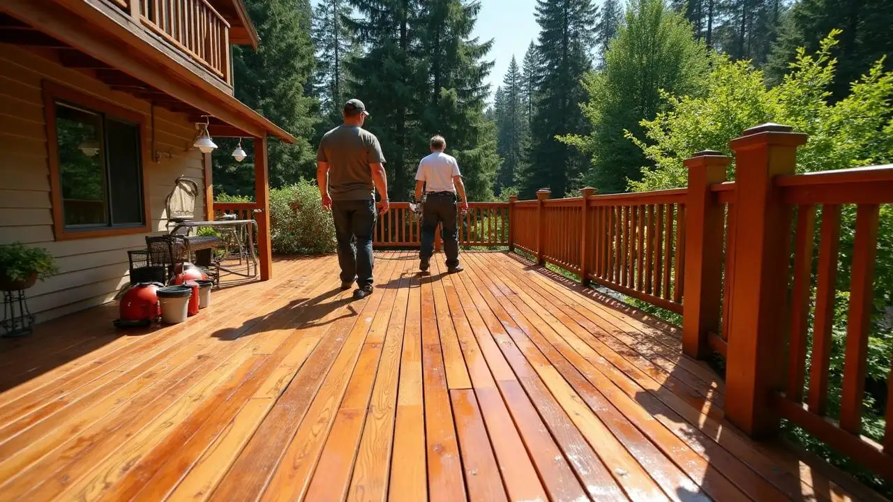 Freshly stained large cedar deck in a Pacific Northwest backyard surrounded by tall fir trees